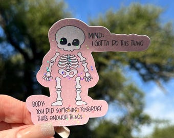 Funny chronic illness sticker, holographic skeleton spoonie decal, POTS EDS awareness die cut vinyl, invisible illness humor gift