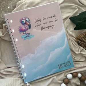 May include: Pink flamingo with large eyes and a pink and blue beach background. The planner has a spiral binding and the text "Why be normal when you can be flamazing" and "2025".