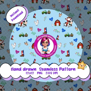 May include: A seamless pattern design featuring Christmas-themed illustrations. The pattern includes images of cowboy boots, tractors, barns, chickens, reindeer, and Santa Claus riding a cow. The design also includes the text "Merry Christmas Y'all".