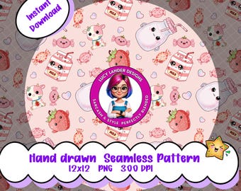 Strawberries & Milk Seamless Pattern, Kawaii Art Whimsical PNG, Hand Drawn 300 DPI Digital Paper for Fabric, Vinyl, Surface Design