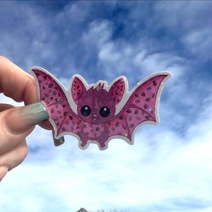 Cute Strawberry Bat Sticker, gift for kids,  waterproof holographic vinyl decal for planners, water bottles, laptops, notebooks, uder 10