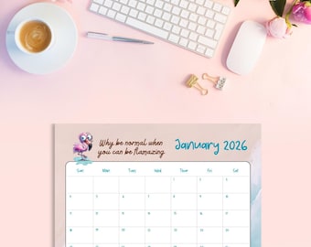 Whimsical Flamingo themed Tear-Away Desk Calendar, Custom Monthly Planner for home, office, school, Handmade Gift for Her, Teachers Gift,