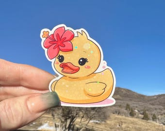 Cute kawaii duck sticker with tropical flower, waterproof vinyl decal for kids, water bottle laptop planner accessory,