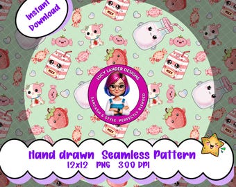 Strawberries & Milk Seamless Pattern, Kawaii Art Whimsical PNG, Hand Drawn 300 DPI Digital Paper for Fabric, Vinyl, Surface Design