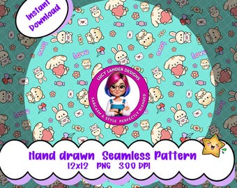 Cute Valentine Animals Seamless Pattern, Whimsical Hand Drawn 300 DPI PNG, Trendy Novelty Digital Paper for Vinyl, Fabric and Surface Design