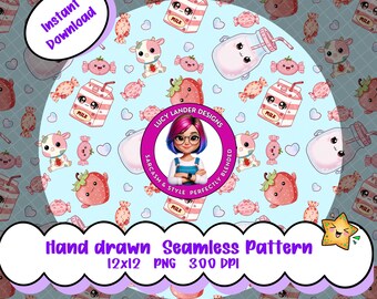 Strawberries & Milk Seamless Pattern, Kawaii Art Whimsical PNG, Hand Drawn 300 DPI Digital Paper for Fabric, Vinyl, Surface Design
