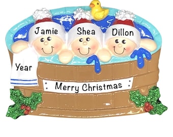 Personalized Family Of 3 Christmas Ornament, Family Of Three, Grandkids, Grandchildren Ornament, Vacation Memory Gift, Hot Tub Family 2023