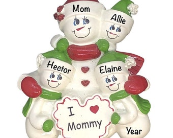 Personalized Single Mom Ornament, Single Parent with 3 Children, I Love Mommy, Snowman Family Of Four Christmas Ornament, Best Mom Ever Gift