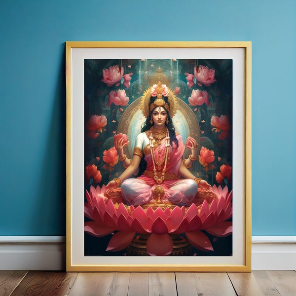 Hindu God Wall Art, Indian Goddess, Lakshmi, Illustration Wall Art, Poster Print, Canvas