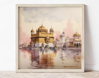 May include: A watercolor painting of the Golden Temple in Amritsar, India. The temple is a large, golden building with a dome and a reflecting pool in front of it. The sky is a light blue with some clouds.