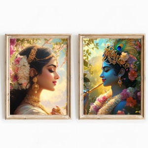 Krishna and Radha wall art, Set of two, Krishna Art, Radha Krishna, Krishna Painting, Hindu God, Hindu God Wall Art, Indian God
