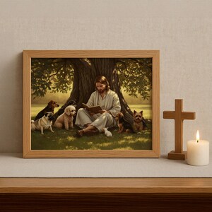 Christian Art, Jesus reading to Dogs, Jesus Christ with Dogs, Bible Art, Jesus Christ Painting, Jesus Christ, Jesus will save you