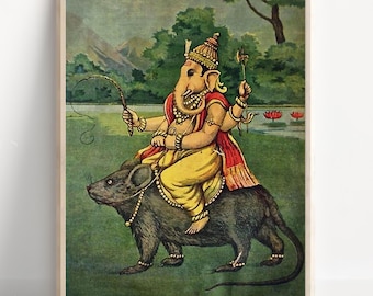 Ganesh, Señor Ganesh, Arte mural de dios hindú, Arte vintage, Dios indio, Impresión de póster, Lienzo