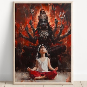 Durga, Girl meditating, Goddess Durga, Durga Art, Durga Painting, Hindu Goddess Wall Art, Tiger Goddess, Indian God, Poster Print, Canvas