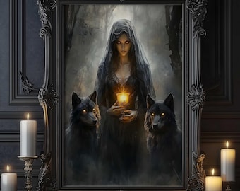 May include: A woman in a black hooded cloak and dress stands in a dark forest with two black wolves on either side of her. She holds a glowing goblet in her hand.