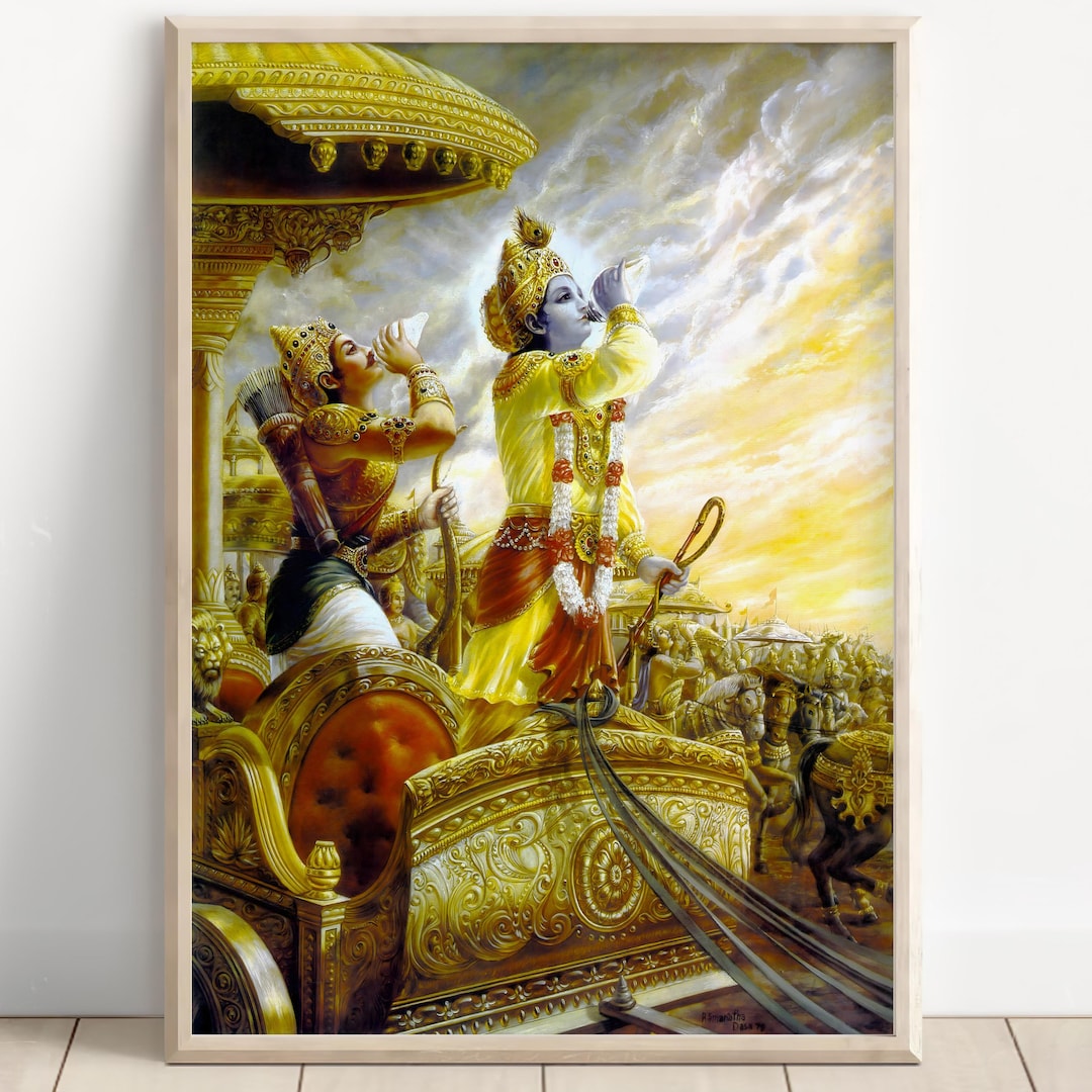 Krishna and Arjuna Kurukshetra Poster, Bhagavad Gita Scene Wall Art