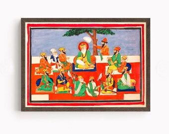 Sikh Art | The Ten Holy Sikh Gurus with Guru Nanak Dev at Center | Sikh Gurus | Religious Art | Vintage Art painting | Print | Canvas