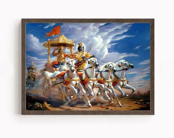 Krishna and Arjun, Mahabharat, Geeta, Geeta Saar, Krishna painting, Krishna Art, Vintage Art, Indian God, Poster Print, Canvas