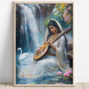 Saraswati, Goddess Saraswati, Goddess of Knowledge, Saraswati Art, Hindu Goddess, Hindu God Wall Art, Indian Goddess, Poster Print, Canvas