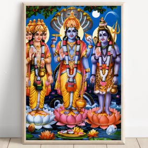 Vishnu, Brahma and Shiva, Holy Trinity, Hindu God Wall Art, Indian God, Poster Print, Canvas