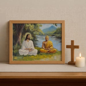 Señor Buda meditando con Jesucristo, Jesús meditando junto con Buda, Impresión religiosa, Dios es uno, Impresión, Lienzo