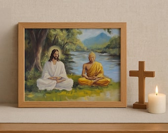 Lord Buddha meditating with Jesus Christ, Jesus meditating along with Buddha, Religious Print, God is one, Print, Canvas