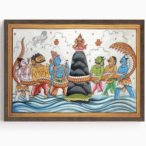 Arte mural de dios hindú, SAMUDRA MANTHAN, agitación del océano, arte vintage de dios indio, impresión de póster, impresión en lienzo