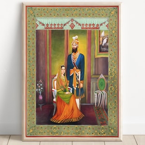 May include: An ornate framed painting depicts a man and woman in traditional attire. The man wears a blue coat and turban, while the woman sits in a chair, wearing a green and orange dress. The painting has a green and gold border.