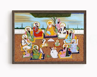 Sikh Art | The Ten Holy Sikh Gurus with Guru Nanak Dev at Center | Sikh Gurus | Religious Art | Vintage Art painting | Print | Canvas