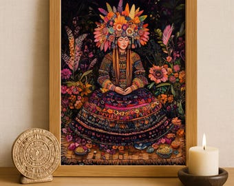 Azteekse kunst aan de muur, Xochiquetzal-kunst, decor Azteekse godin van de schoonheid, Azteekse mythologiekunstwerk, Mexicaanse Azteekse kunst, godin van liefde en vruchtbaarheid
