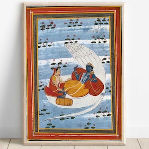 Vishnu and Lakshmi, Laxminarayan, God Vishnu, Hindu God Wall Art, Vintage Art, Indian God, Poster Print, Canvas