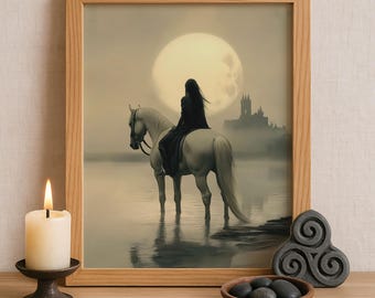 Rhiannon Celtic Goddess Wall Art, Welsh Mythology Print, Goddess of Horses and Enchantment, Celtic Tonalism Decor, Feminine Pagan Artwork