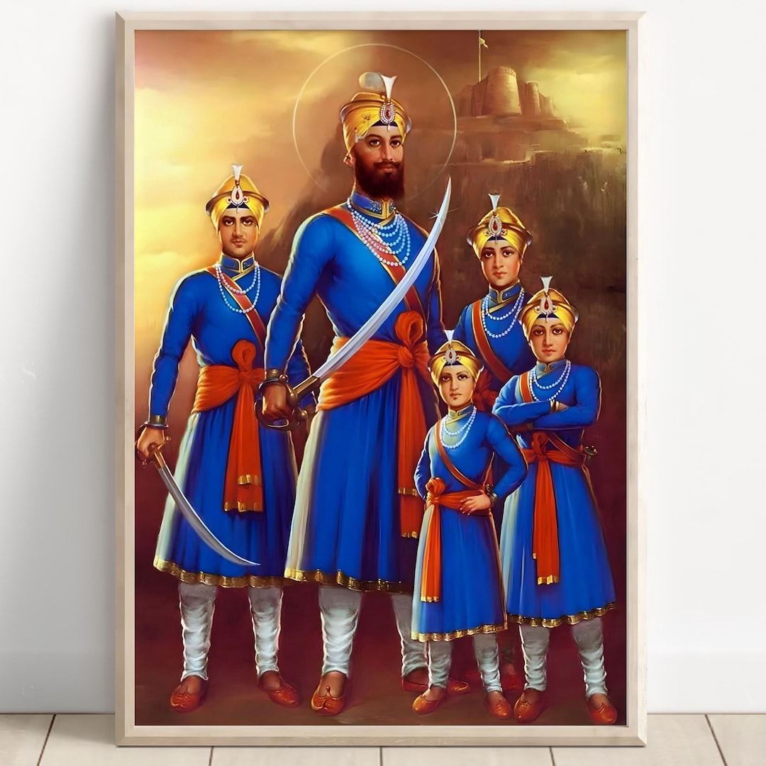 Guru Gobind Singh Ji With Chaar Sahibzaade, Rare Vintage Print, Sikh ...