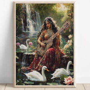 Saraswati, Goddess Saraswati, Goddess of Knowledge, Saraswati Art, Hindu Goddess, Hindu God Wall Art, Indian Goddess, Poster Print, Canvas