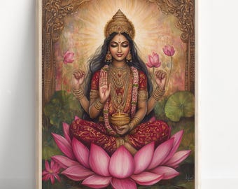 Lakshmi, Goddess of Wealth, Goddess lakshmi, Lakshmi Art, Hindu Goddess Wall Art, Hindu God, Indian God, Poster Print, Canvas