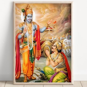 Krishna and Arjuna, Mahabharat, Geeta Saar, Krishna, Krishna painting, Krishna Art, Vintage Art, Indian God, Poster Print, Canvas