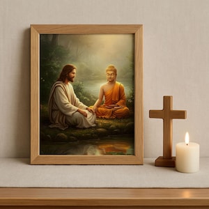 Señor Buda meditando con Jesucristo, Jesús meditando junto con Buda, Impresión religiosa, Dios es uno, Impresión, Lienzo