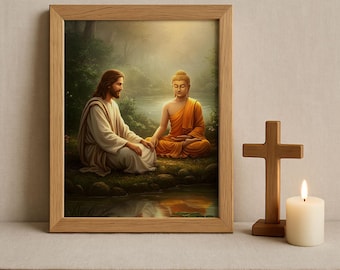 Lord Buddha meditating with Jesus Christ, Jesus meditating along with Buddha, Religious Print, God is one, Print, Canvas
