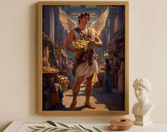 Arte mural de Hermes, dios de los mensajeros, el comercio y los ladrones, póster de dioses griegos, decoración de dioses griegos, arte mural de dioses griegos, arte del dios griego Hermes
