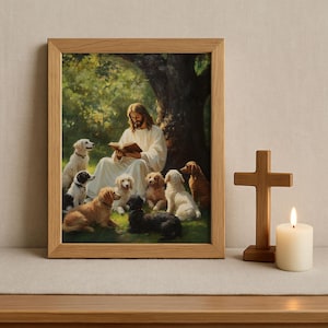 Christian Art, Jesus reading to Dogs, Jesus Christ with Dogs, Bible Art, Jesus Christ Painting, Jesus Christ, Jesus will save you