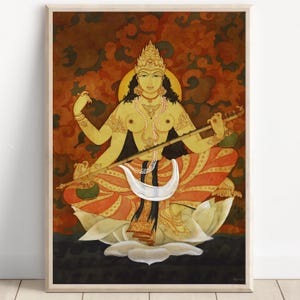 Goddess Saraswati Wall Art ,Hindu Goddess of Wisdom | Saraswati Poster | Indian Divine Art Print, Spiritual Home Decor, Poster Print, Canvas