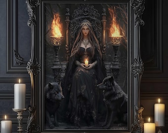 May include: A dark, gothic-inspired painting of a woman in a black gown sitting on a throne with two black wolves at her feet. The woman is holding a candle and there are flames on either side of her. The painting is framed in a black ornate frame.