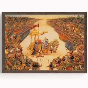 Bhagavad Gita Kurukshetra Poster, Krishna Arjuna Mahabharata War Scene Wall Art, Hindu Spiritual Canvas Print Framed