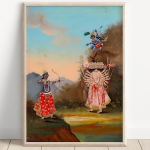 Rama and Hanuman fighting the  Ravana, Ram, Rama, Lord Ram, Hanuman, Jai Bajarang Bali, Ramayan, Indian God, Canvas, Poster Print