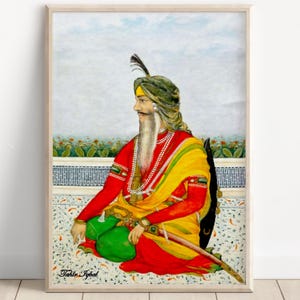 Sikh Art | Raja Tej Singh with a sword on his lap and shield on his back | Vintage Art Painting | Print | Canvas