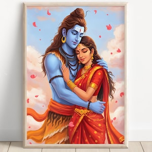 Shiva and Parvati, God Shiva, Parvati, Shiv Parvati Hindu God, Shiv Art, Indian God, Shiva Wall Art, Shiv Painting, Poster Print, Canvas