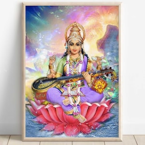 Saraswati, Goddess Saraswati, Goddess of Knowledge, Saraswati Art, Hindu Goddess, Hindu God Wall Art, Indian Goddess, Poster Print, Canvas