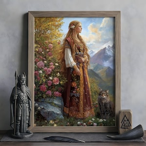 Freyja Wall Art, Norse Mythology Decor, Viking Goddess Artwork, Goddess of Love and War, Nordic Wall Art, Freyja with Cats and Brísingamen