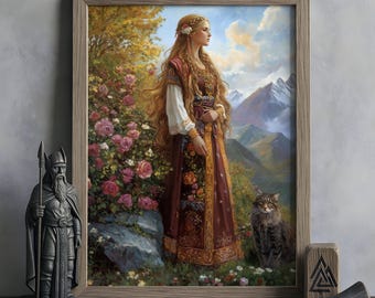Freyja Wandkunst, Nordische Mythologie Dekoration, Wikinger Göttin Kunstwerk, Göttin der Liebe und des Friedens, Nordische Wandkunst, Freyja mit Katzen und Brísingamen