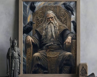 Odin Wall Art, Norse Mythology Decor, Viking God Artwork, All-Father Poster, Nordic Wall Art, Odin with Ravens and Wolves, Norse Home Decor